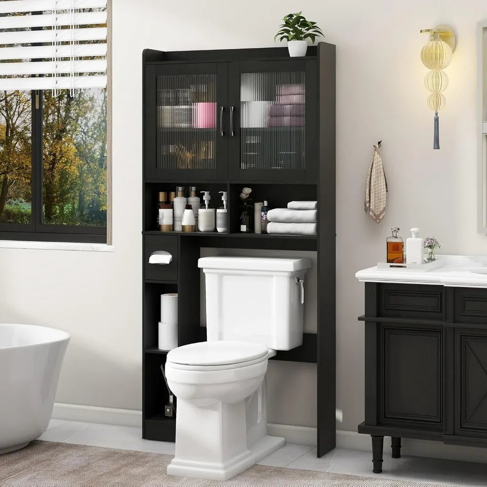 Farmhouse Style Over-the-Toilet Storage Cabinet with 2 Acrylic Wave Doors for Space-Saving Bathroom Storage