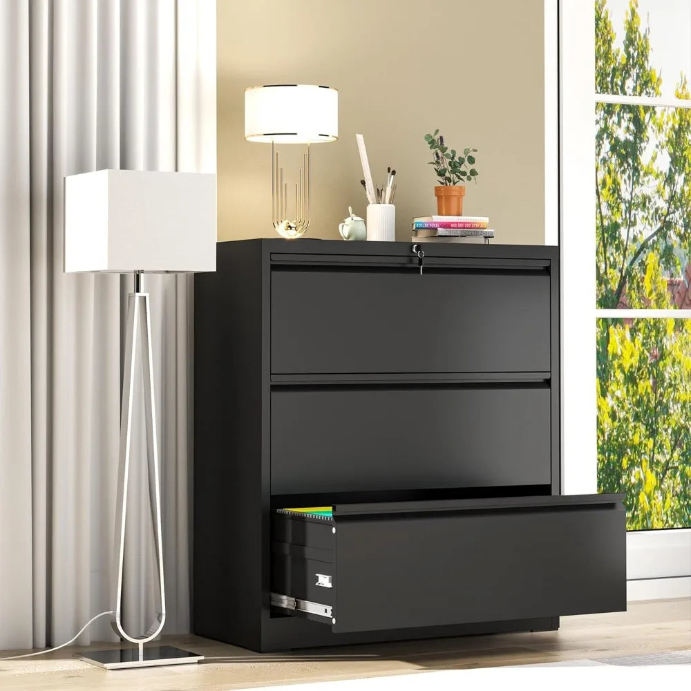 File Cabinet with Lock, 3 Drawer Lateral Filing Cabinet for Home Office, Black Metal Heavy Duty File Cabinets for Hanging Letter
