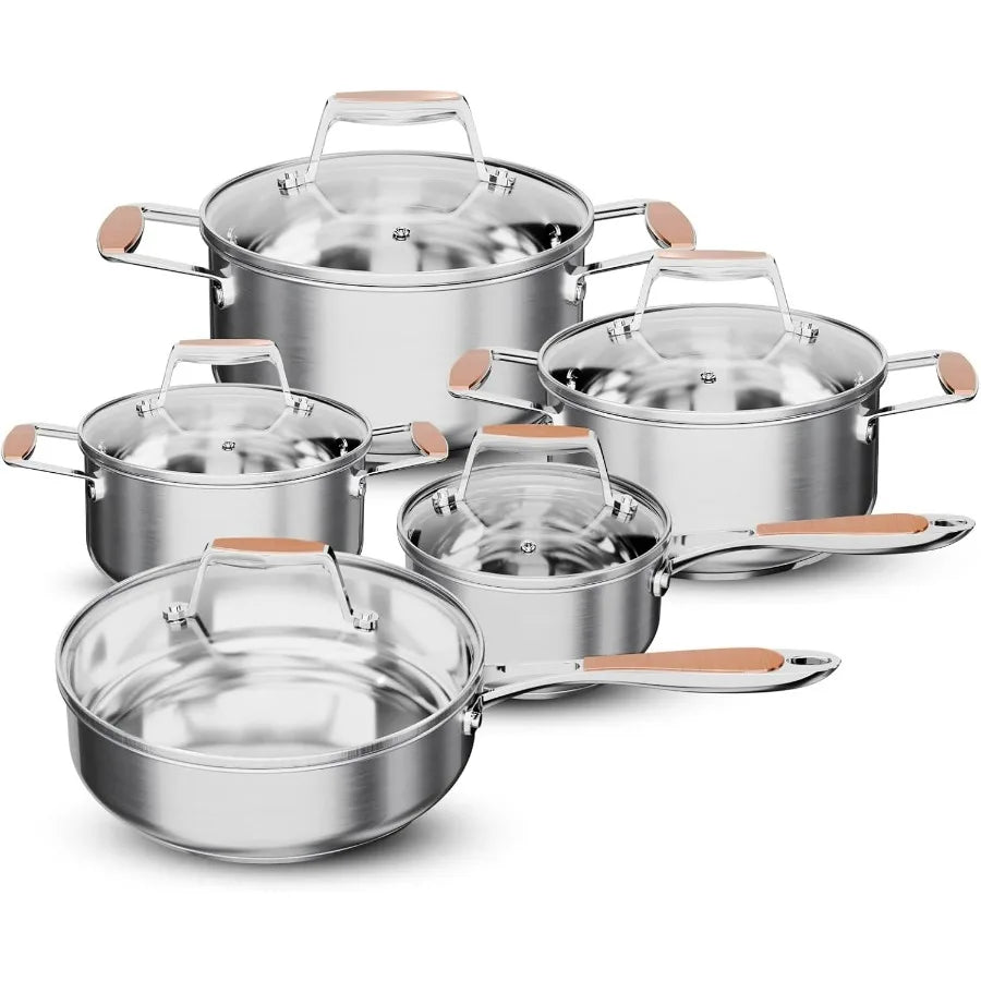 5Ply Stainless Steel Cookware Set with 10 Pieces Including Fry Pan Saucepan and Sauce Pots for Induction and All Stovetops NonT