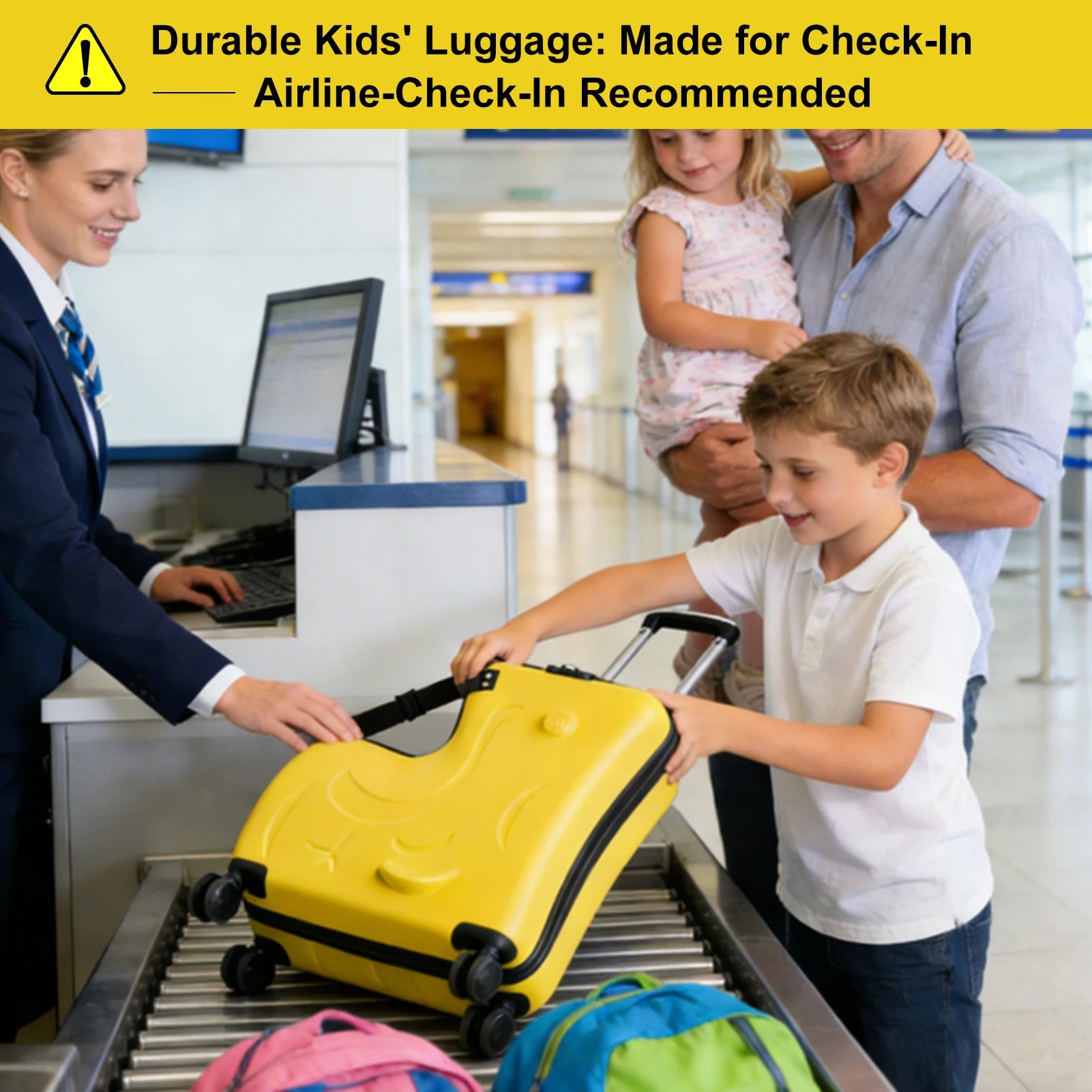 Kids Ride On Luggage 24 Inch, Toddler Travel Suitcase with Safety Belt & Wheels - Yellow Carry On for Airplane,Car Seat,Toddlers