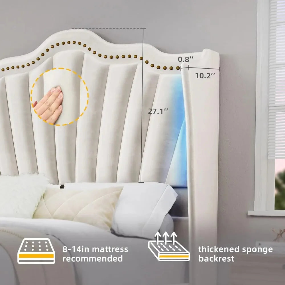 LED Queen Size Bed Frame with 60" Tall Wingback Headboard and Footboard, Solid Wood Leg, No Box Spring Needed, Easy Assembly