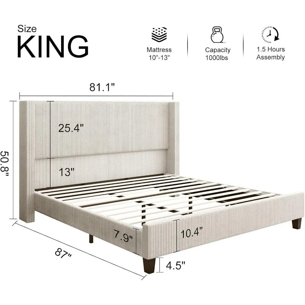 King Size Upholstered Platform Bed Frame, Wingback Bed with 50.8 Headboard, Corduroy/Solid Wood Leg/No Box Spring Needed/No