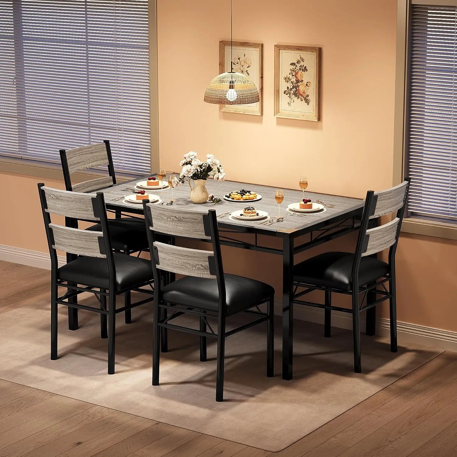 Dining Table Set for 4, Wood Kitchen Table Chairs Set of 4 with Corner Protector, Kitchen Table with 4 Upholstered Chairs