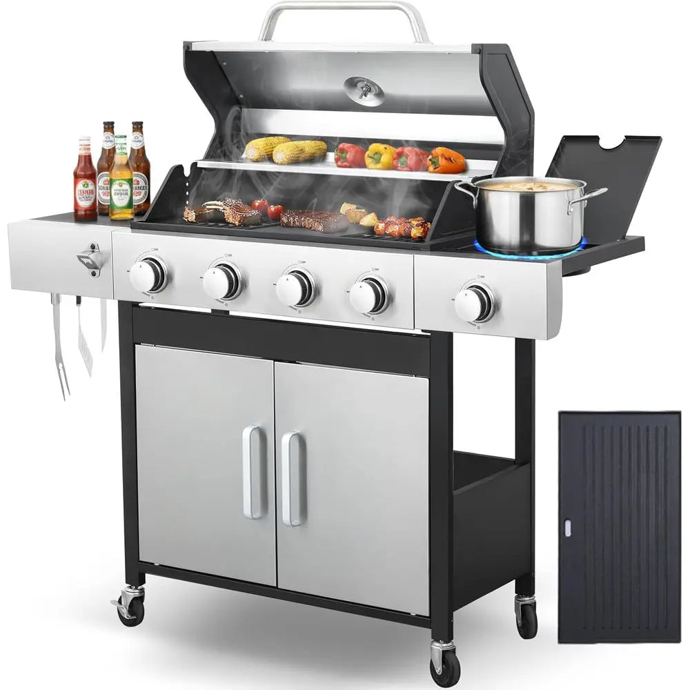 4-Burner 46,790 BTU Outdoor BBQ Grill with Infrared Side Burner, Porcelain Cast Iron Grates, and Stainless Steel Construction fo