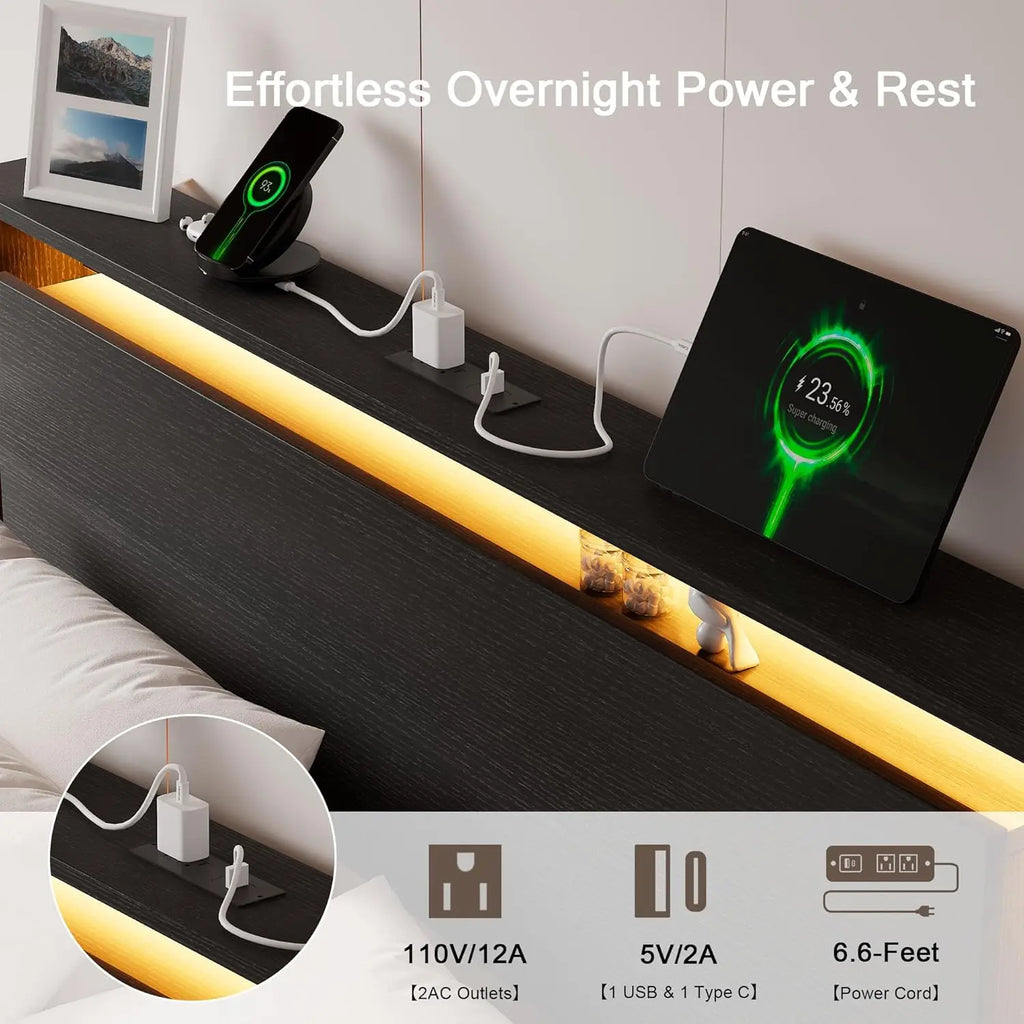 Bed Frame Queen Size with LED Lights & Charging Station – Kids Wood Floating Queen Bed Frame with Storage, Customized