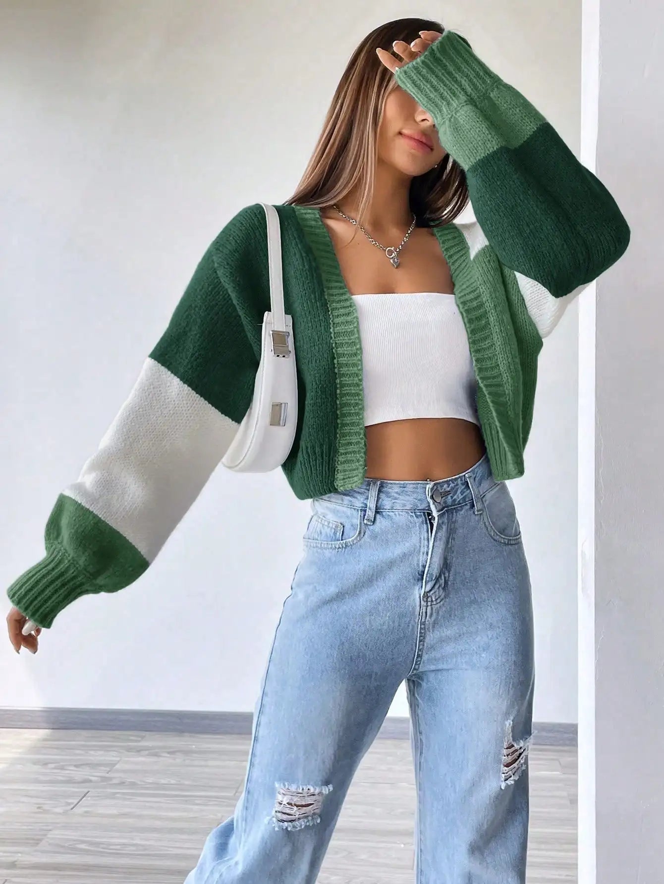 Color Block Drop Shoulder Knit Cardigan for Women, Long Sleeve Fall Winter Casual Top