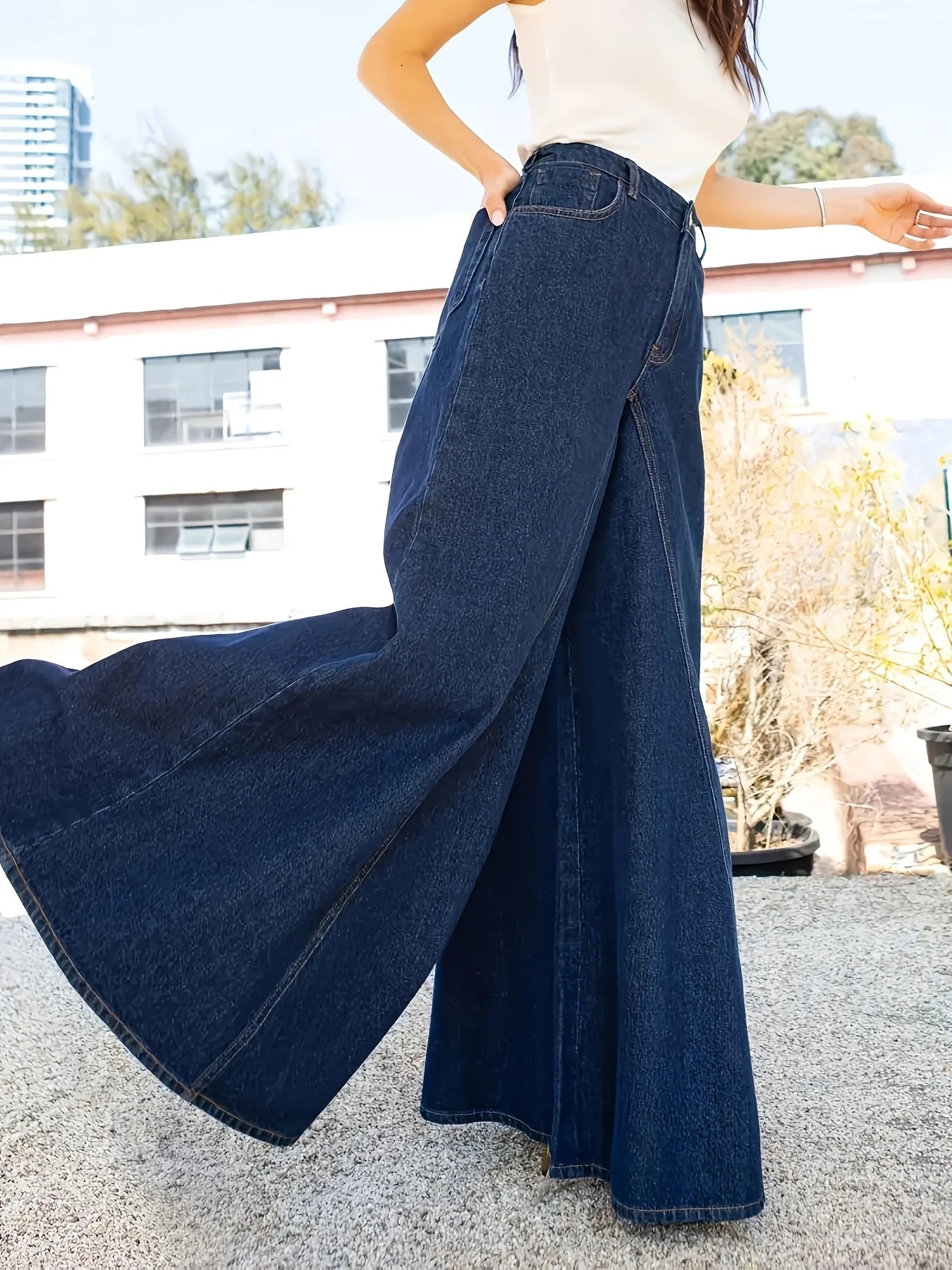 Women's Loose Wide-Leg Jeans with Large Hems, Casual Denim Trousers