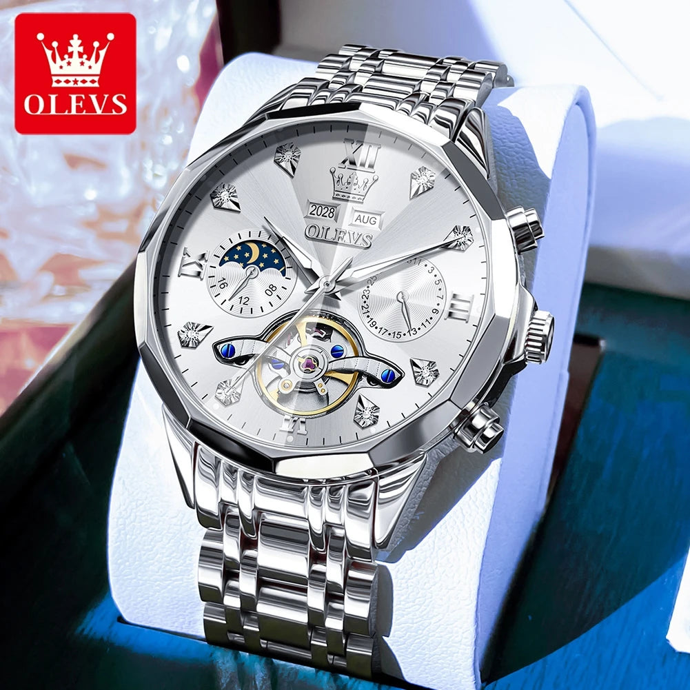 OLEVS Automatic Mechanical Mens Watch Business Wristwatch Waterproof Date Watches Moon Phase Watch for Men Luxury Brand Watch 66