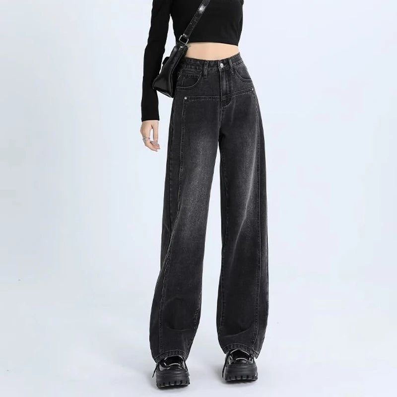 Woman New High Waist Vintage Thicken Jeans Female Casual High Street Thermal Flare Pants Girls Fashion Black Grey Denim Trousers