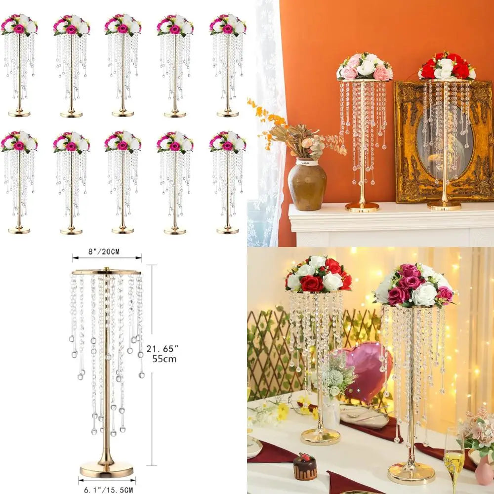 10-Piece Crystal Flower Stands with Gold Vases for Elegant Home, Party, and Wedding Centerpieces