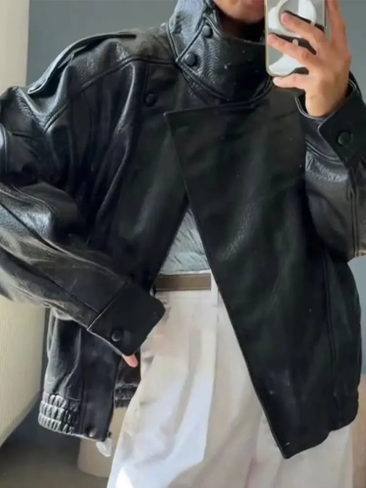 Autumn Faux Leather Jacket For Women Casual Solid Long Sleeve Zipper Pu Leather Coats New Fashion Female Streetwear