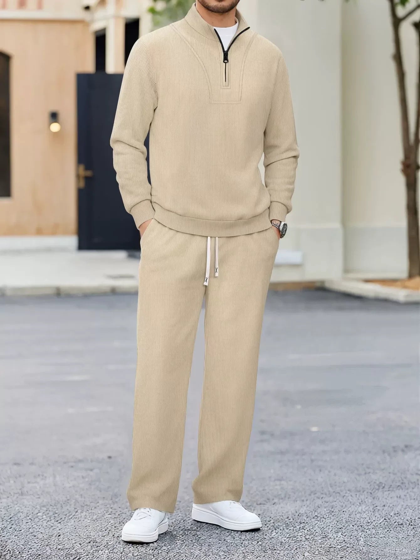Men's Corduroy Ribbed Texture Half - Zip Set, Casual Stand - Collar Hoodie + Straight - Leg Pants, Top Choice for Daily Outings