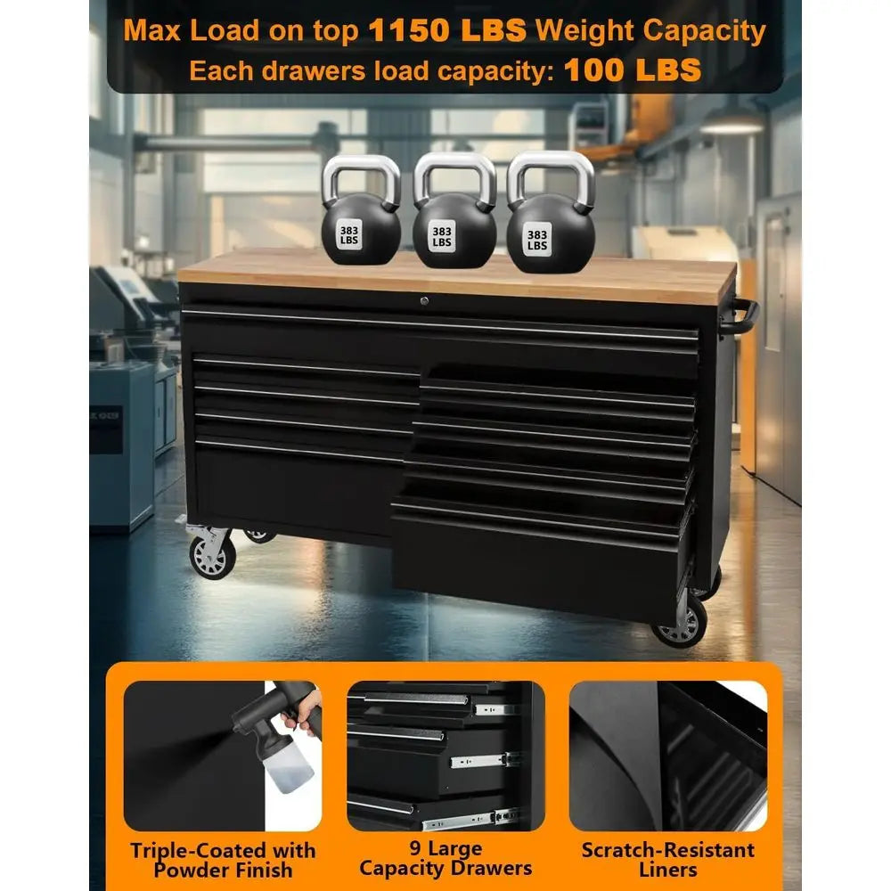 61 Rolling Tool Chest with 9 Drawers, Lockable Metal Cabinet for Workshops and Garages, Black