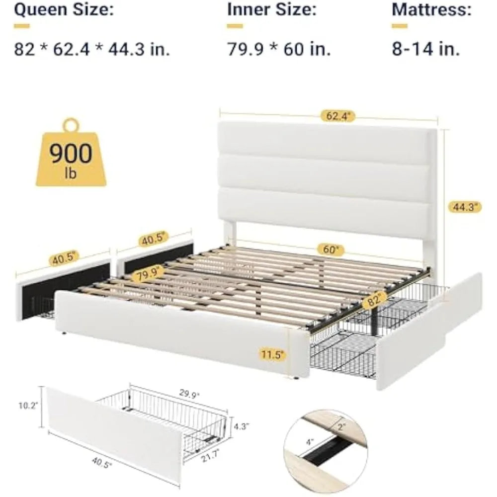 Contemporary Queen-Sized Platform Bed with Storage Drawers and Velvet Headboard, Wood Slat Support