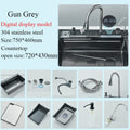 Grey Stainless Steel Waterfall Kitchen Sink Large Single Slot Integrated Digital Display Faucet Set Soap Dispenser Cup Washer