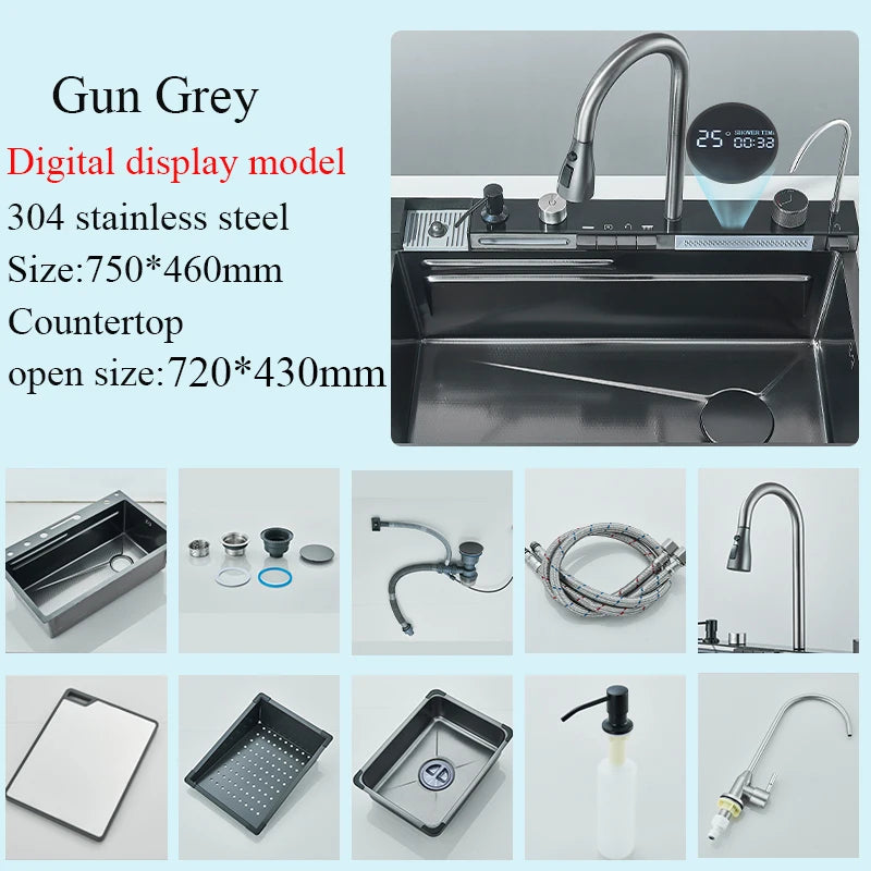 Grey Stainless Steel Waterfall Kitchen Sink Large Single Slot Integrated Digital Display Faucet Set Soap Dispenser Cup Washer