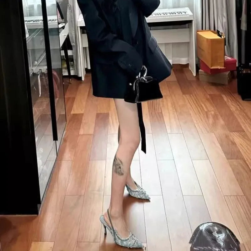 2025 European and American Luxury Slim Heel Fashionable Retro Pointed High-heeled Sandals with Toe Caps and High Heels