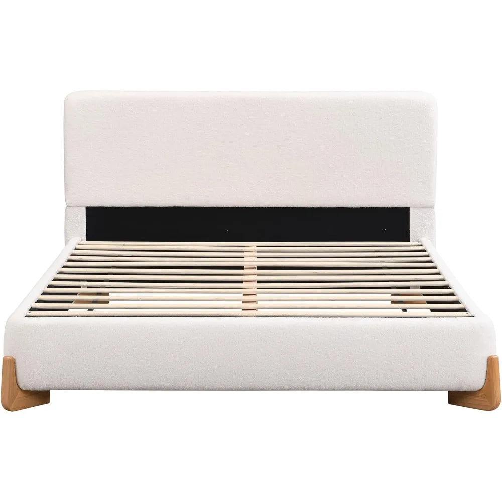 Merax King Bed Frame and Headboard, Boucle Upholstered Bed Platform Bedframe, No Box Spring Required, Noise Free, White