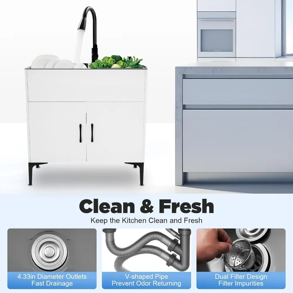 Stainless Steel 30 Laundry Sink Cabinet with Pull-Out Spray Faucet and Soap Dispenser