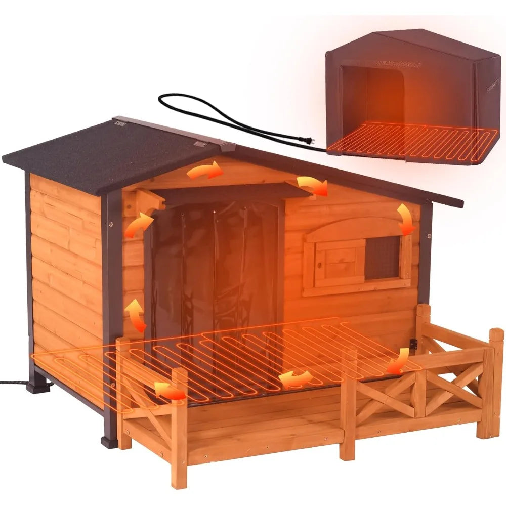 GUTINNEEN Heated Dog House Outdoor Dog Kennel with Safe Heated Pad, Chew-Proof Metal Frame and Rotating Food Bowl for Small to M