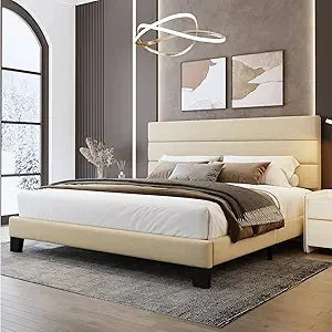 WEEWAY King Bed Frame Platform Bed with Velvet Upholstered Headboard and Wooden Slats Support, Heavy Duty Mattress Foundation, N