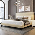 WEEWAY King Bed Frame Platform Bed with Velvet Upholstered Headboard and Wooden Slats Support, Heavy Duty Mattress Foundation, N