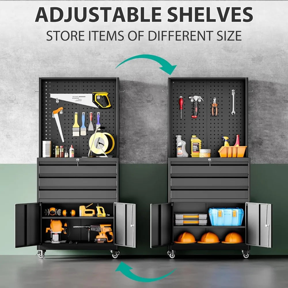 Metal Storage Cabinet with Wheels and Drawers, Rolling Garage Storage Cabinet with Lock, Black Metal Tool Cabinet with Hoo