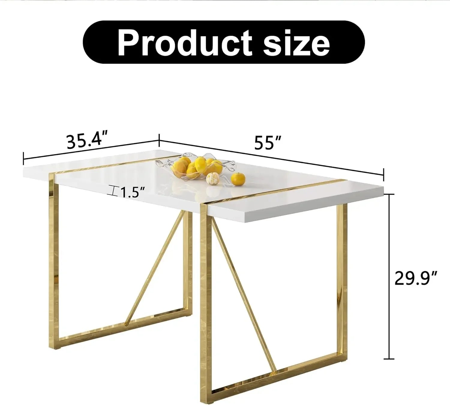 Dining Table Set for 6, Kitchen Table Chairs Set of 6, 55" White High-Gloss Lacquered Tabletop & Electroplated Metal Frame
