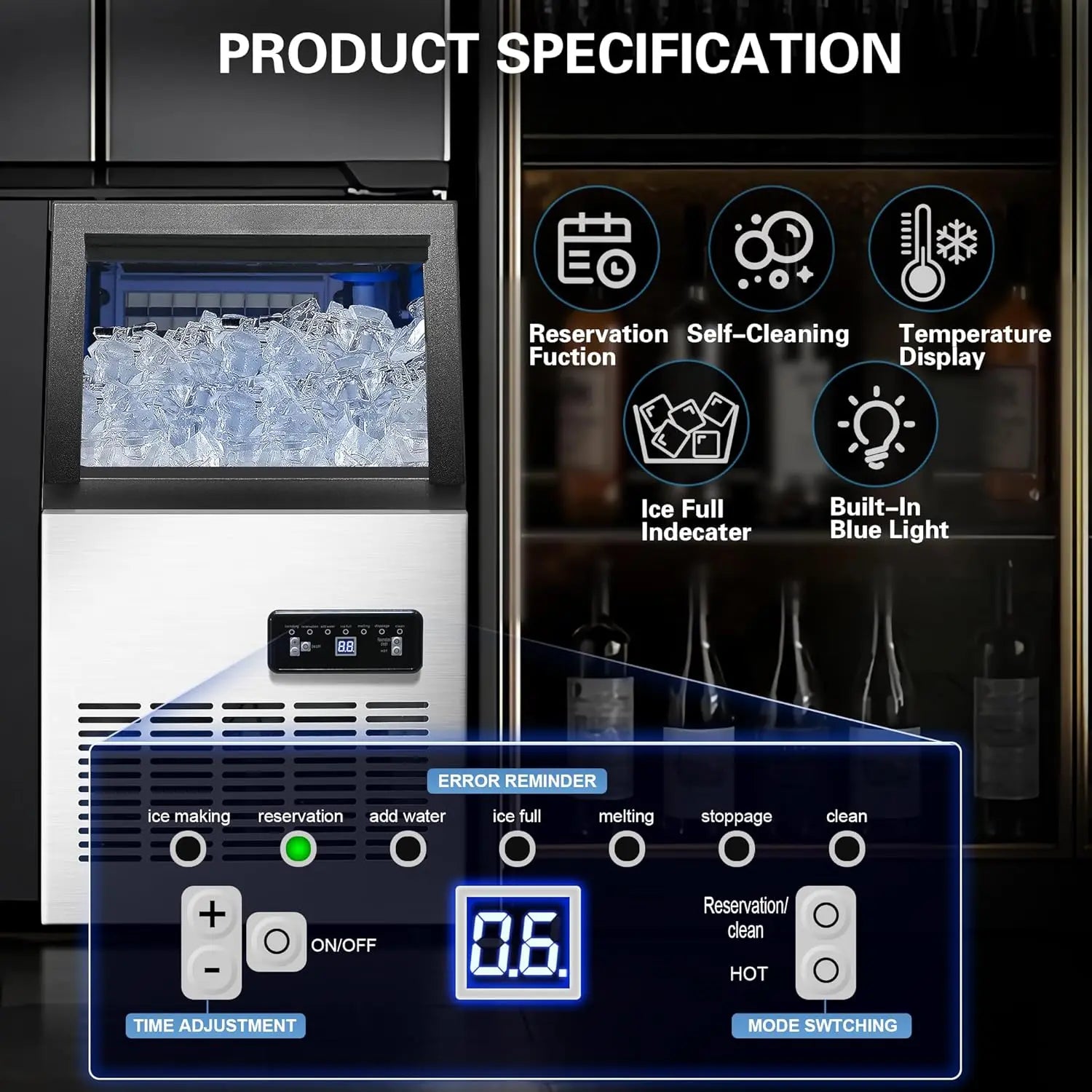 120LBS/24H, Stainless Steel, Adjustable Thickness, Self-Cleaning, Quiet, 40 Cubes/Cycle Commercial Ice Maker