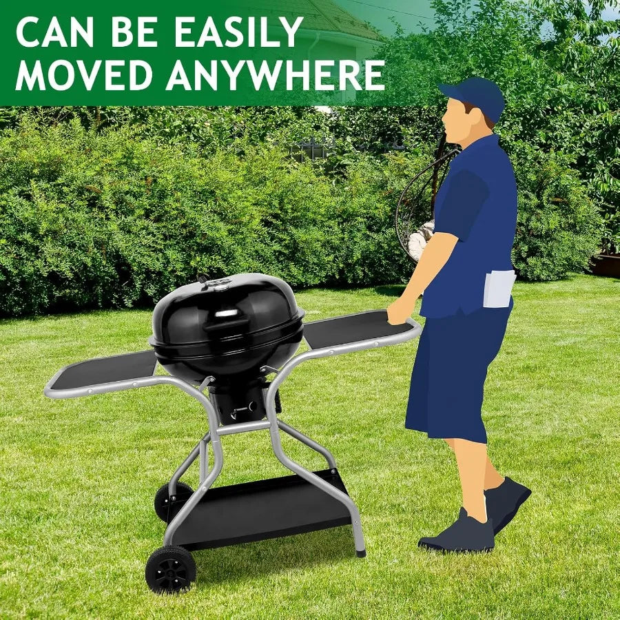 22 inch Outdoor Barbecue Pit Grill Cart with 2 Side Tables for Patio Backyard Camping Picnic Cooking Portable Kettle Charcoal G