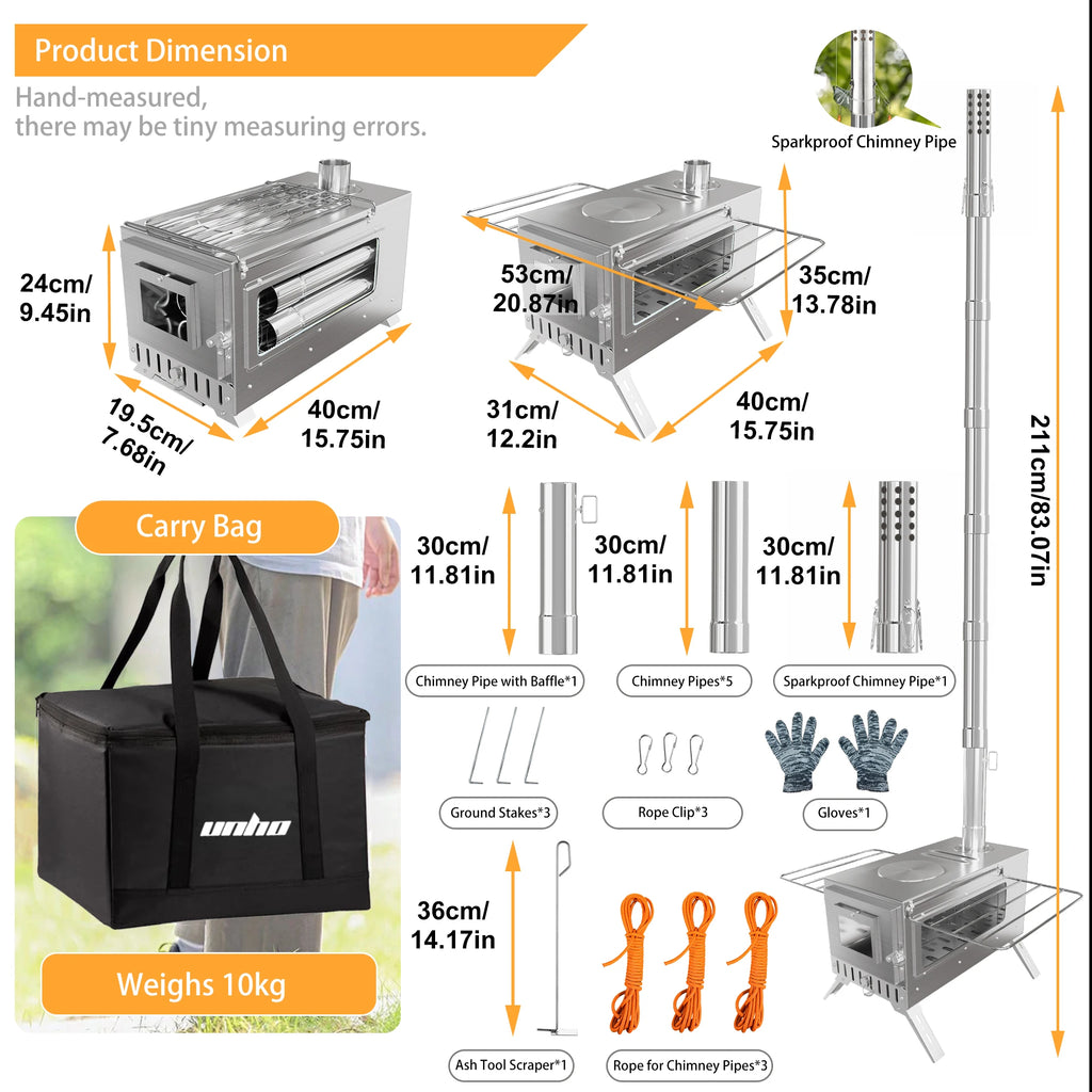 Portable Camping Tent Wood Stove for Outdoor Heating Stainless Steel Hot Tent Stove Burner Stove with 7 Chimney Pipes
