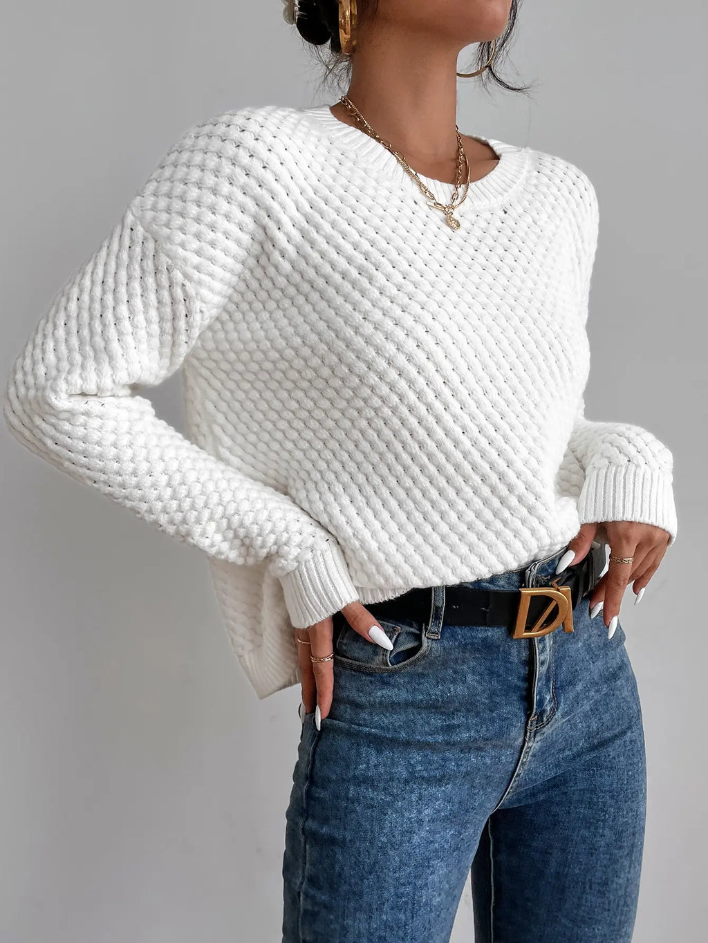 White Chunky Knit Drop Shoulder Sweater, Long Sleeve Pullover for Fall Winter Casual Outfit