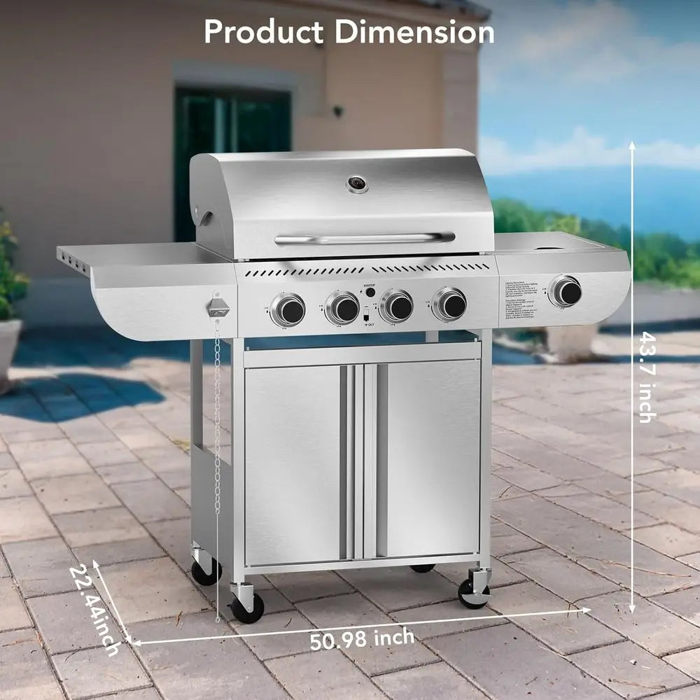 Pro BBQ Grill, Heavy-Duty Stainless Steel Gas Grill, 4 Burner Gas Grill with Side Burner, 42000 BTU Propane Grill for Outdoor Co