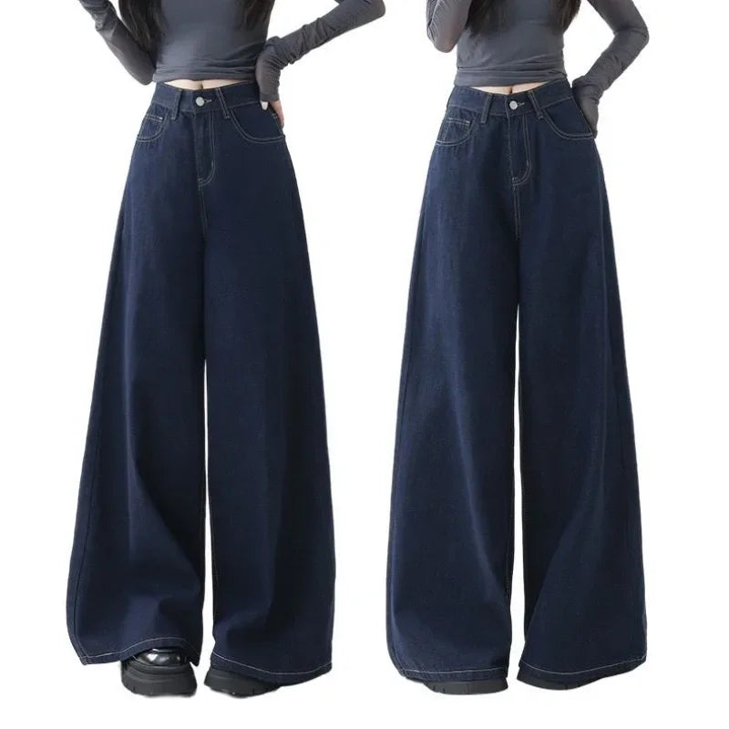 High Waist Straight Leg Loose Fit Denim Jeans Women's Floor Length Lazy Wide Leg Meat Concealing Deep Blue American Style Long P
