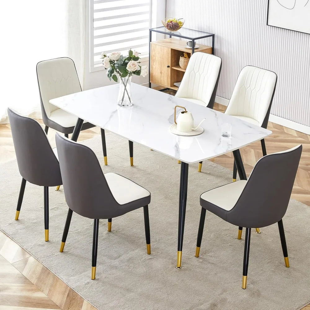 6-Seat Dining Table Set with Sintered Stone Top and Contemporary Chairs