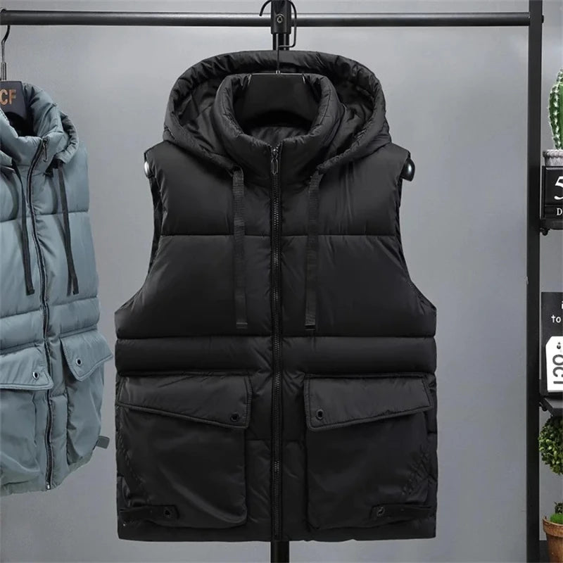 Men's Hooded Vest Winter Zipper Warm Stand Collar Waistcoat Men Cotton Padded Sleeveless Jackets with Big Pockets 2025
