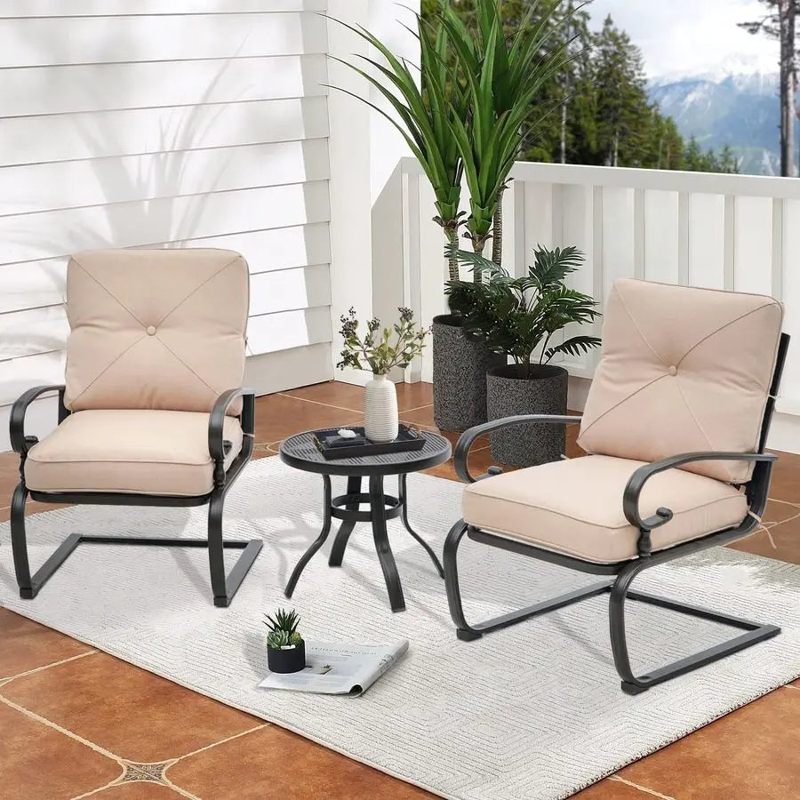 Outdoor Bistro Set 3Piece Spring Metal Lounge Cushioned Chairs and Bistro Table Set Wrought Iron Cafe Furniture Seat, Brown