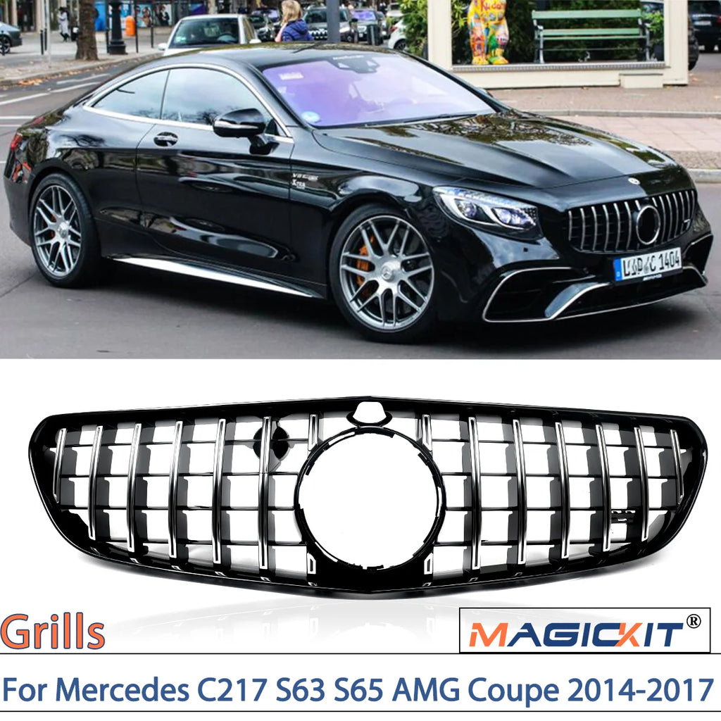 MAGICKIT GT Front Grille Grill Chrome+Black For Mercedes C217 S63 S65 AMG Coupe 2014-2017 CAR Accessories Front Grille