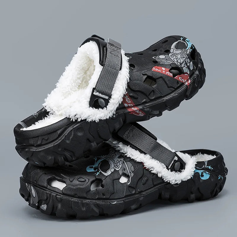 Winter Anti-Slip Fleece Lined Large Size Cotton Slippers Removable Upgraded EVA Clog Shoes for Men Breathable Slip-On Shoes