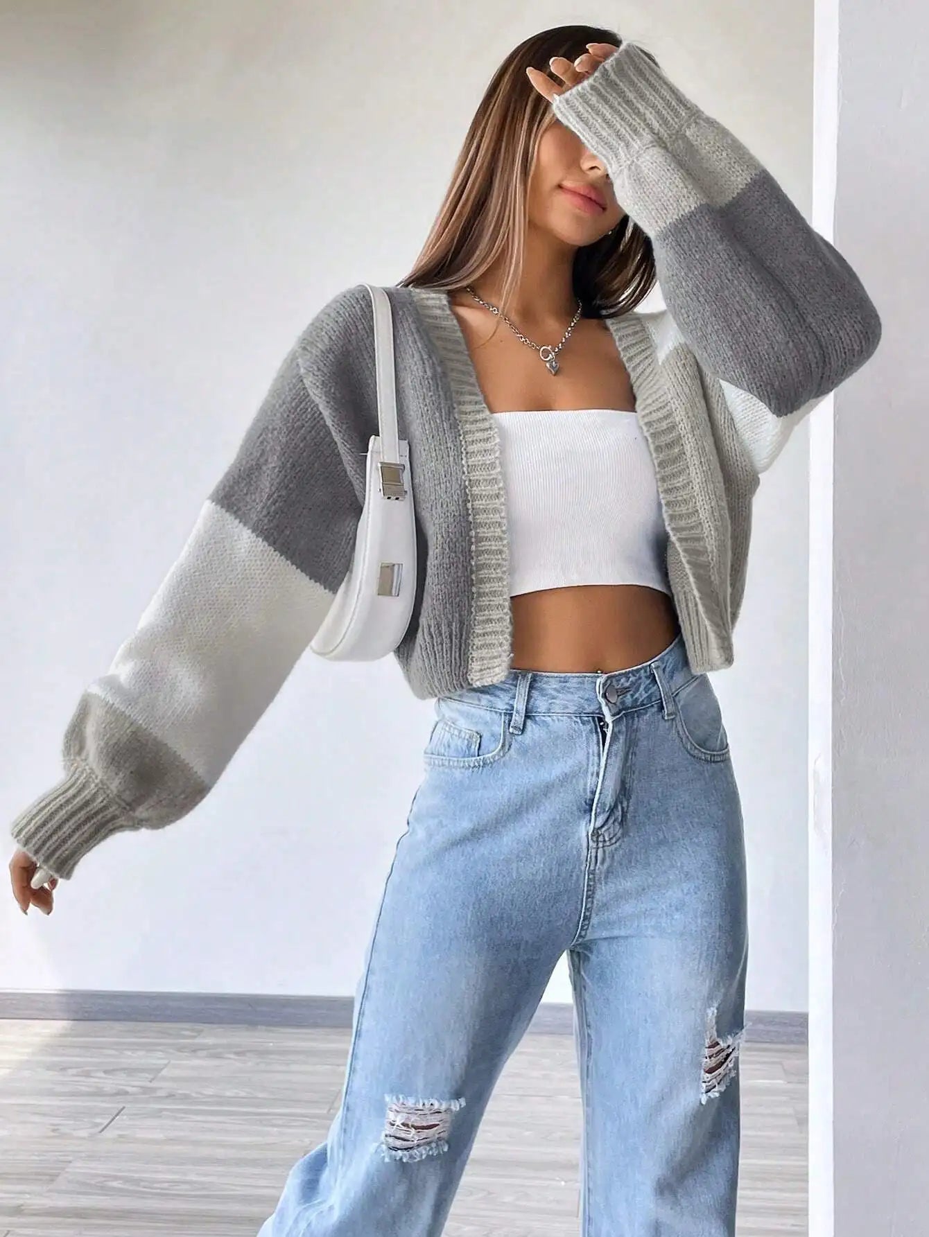 Color Block Drop Shoulder Knit Cardigan for Women, Long Sleeve Fall Winter Casual Top