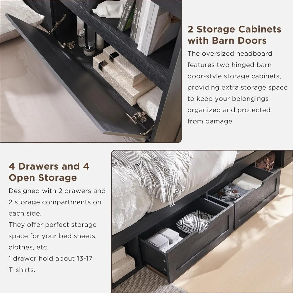 Queen Size Wood Bed Frame Farmhouse with 52" Tall Storage Bookcase Headboard, LED Light,Charging Station,4 Drawers and Solid Woo