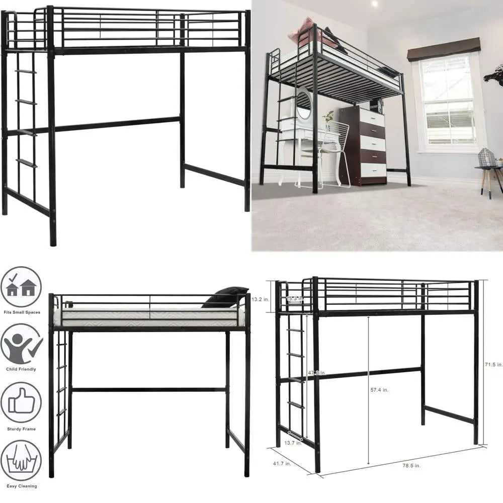 Twin Metal Loft Bed Frame, Space-Saving Design for Kids, Adults, and Teens, Black