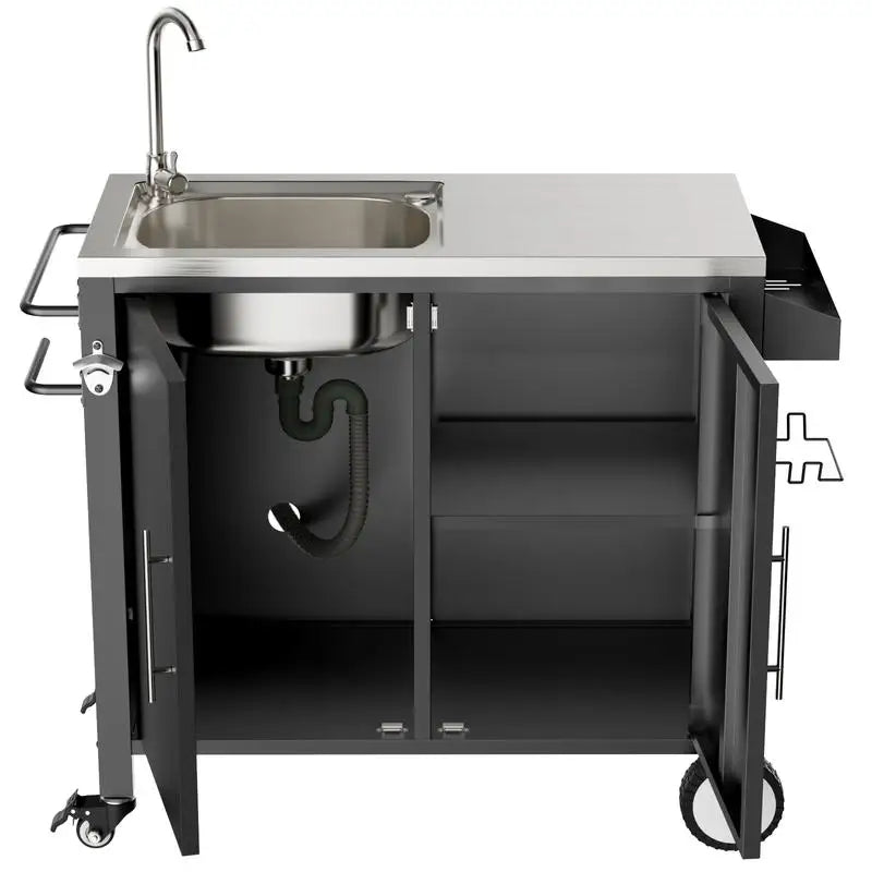 Outdoor Grill Cart with Sink, Stainless Steel Sink and Storage Cabinet, Portable BBQ Station with Wheels, 38" x 18" x 35" for