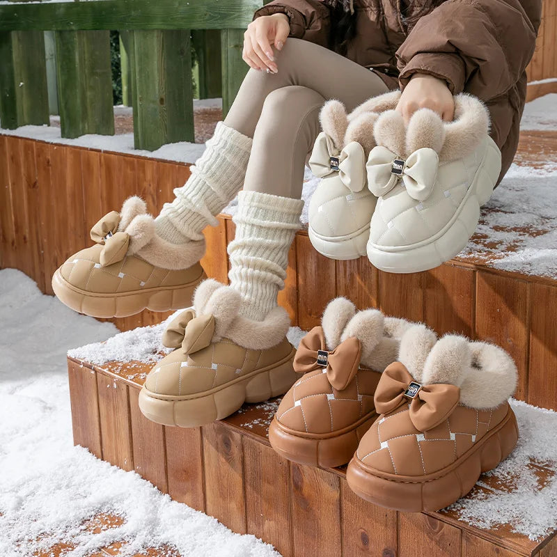 Thick soled bag with cotton slippers, women's winter new fashion bow with plush warm and waterproof snow boots for good 2026