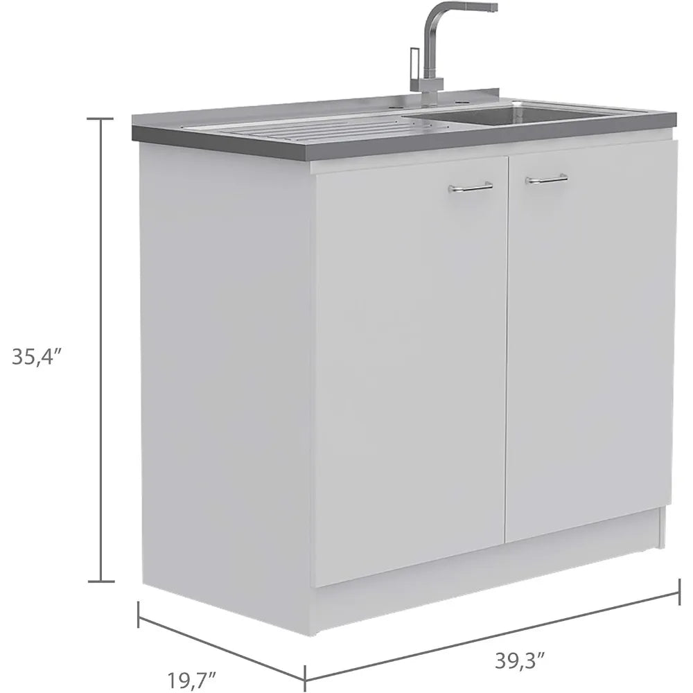 White Double Door Utility Sink Cabinet with 2 Shelves and Metal Handles