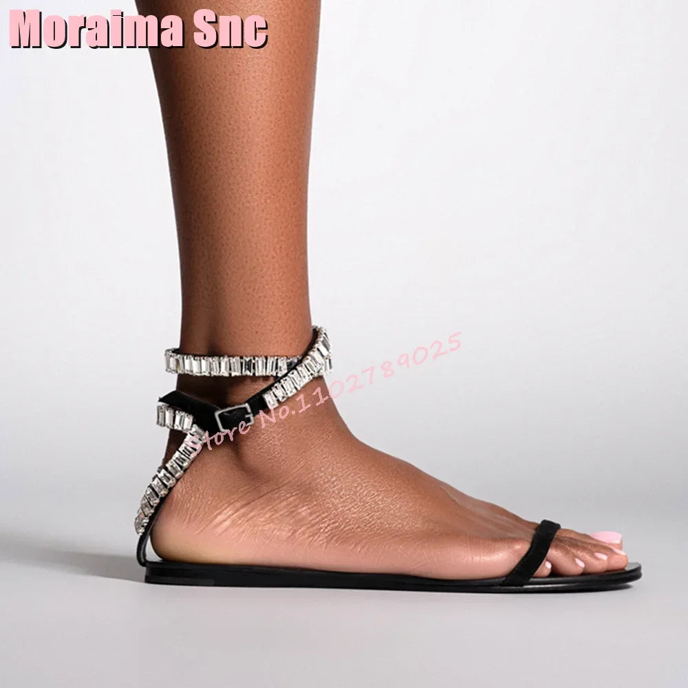 Luxury Crystal Detailing Flat With Sandals Round Open Toe Ankle Buckle Strap Sexy Fashion Women's Dress Shoes 2024 New Black