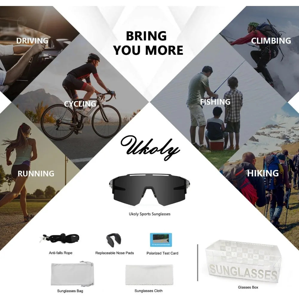 Ukoly Cycling Sunglasses for Men Women with 3 Interchangeable Lenses, Polarized Sports Sunglasses, Baseball Sunglasses