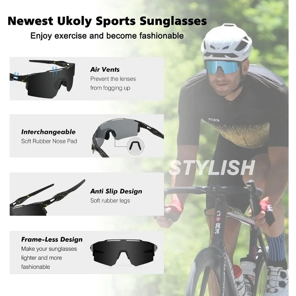 Ukoly Cycling Sunglasses for Men Women with 3 Interchangeable Lenses, Polarized Sports Sunglasses, Baseball Sunglasses