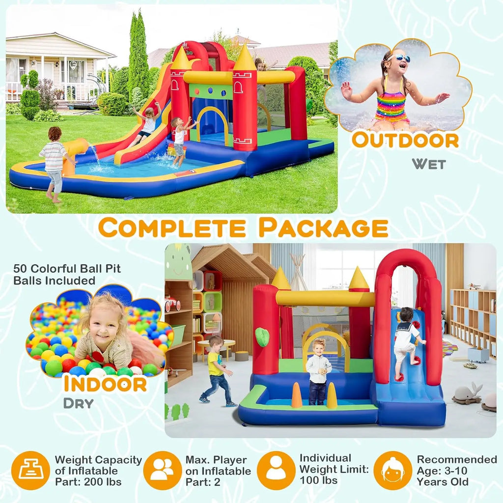 Inflatable Water Slide, 9 in 1 Bounce House Water Slide Combo for Outdoor Fun w/Large Splash Pool, Ball Pit, Blow up Bouncy Cast