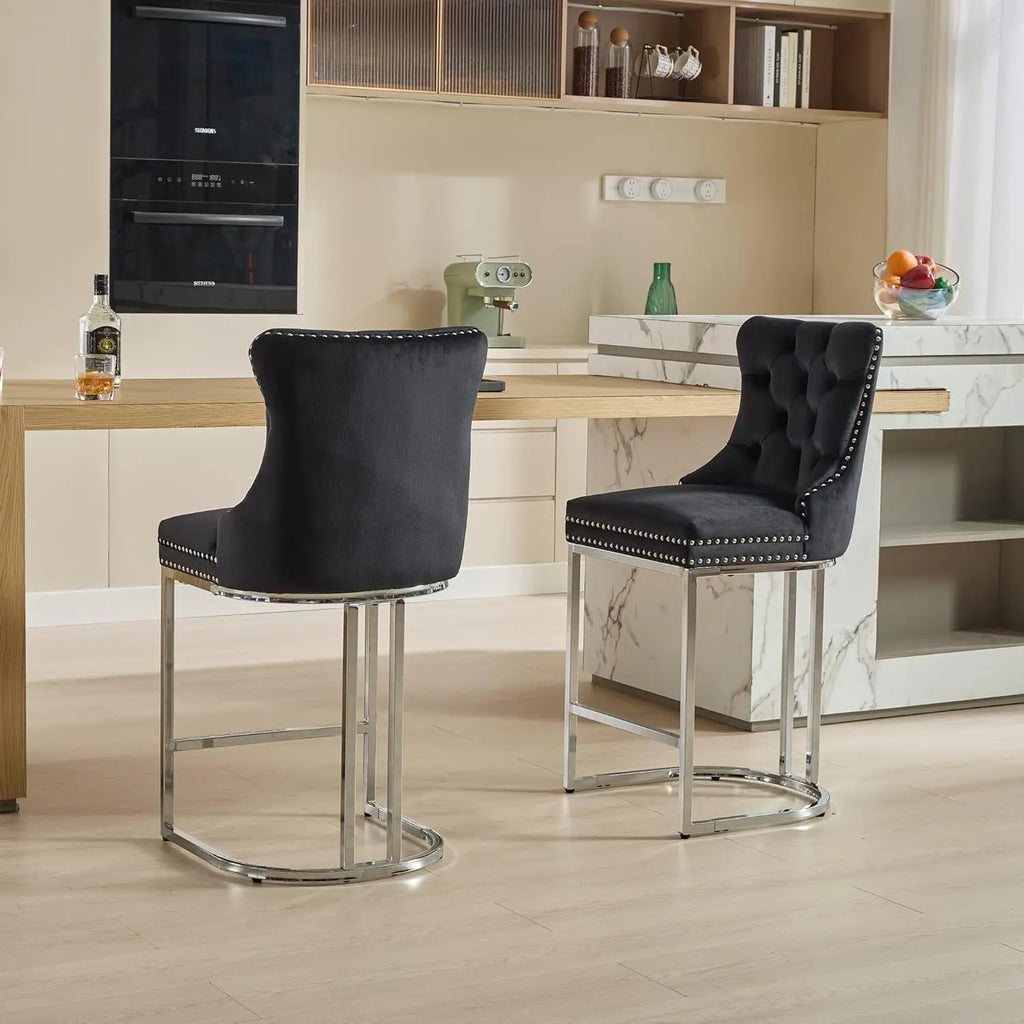 26” Velvet Upholstered Bar Stools Set of 4, Counter Height Bar Chairs with Button Back, Nailhead Rivet Trim, Chrome, Customized
